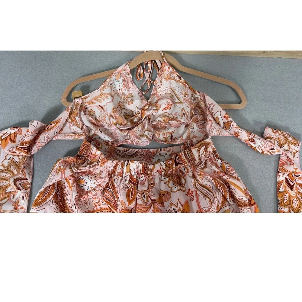 Boho Paisley Floral Halter Maxi Dress with Cutout‎ and Side Slit Orange Brown